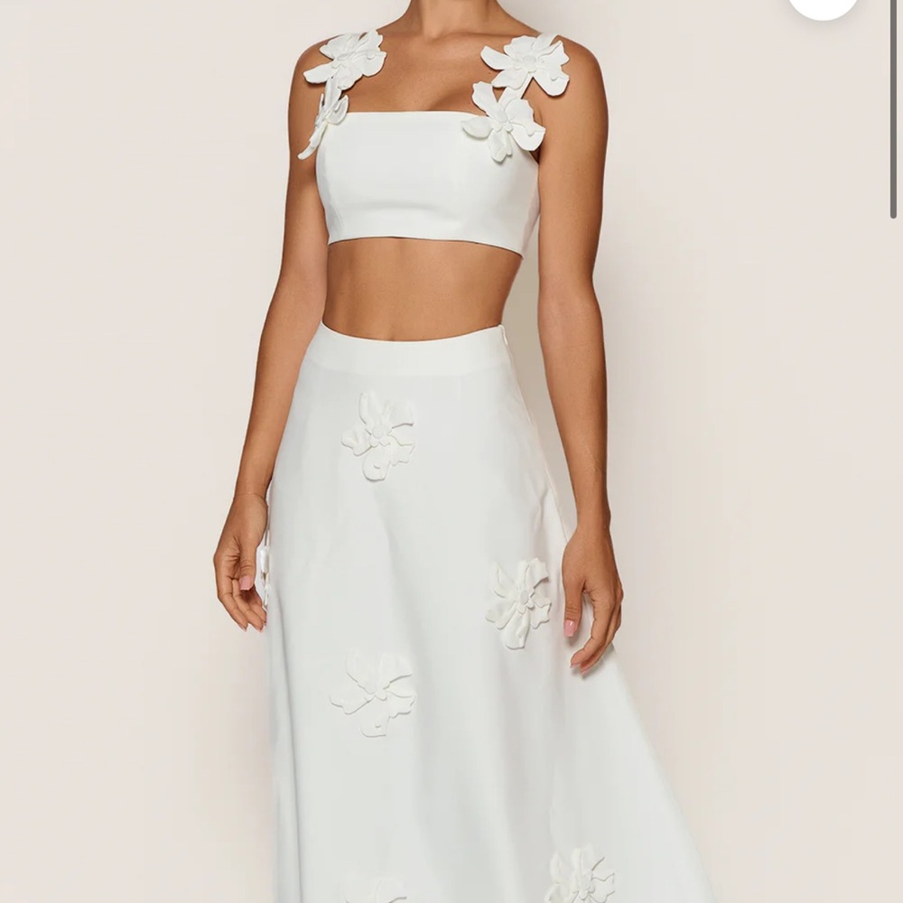 Elegant White Floral Midi Skirt & Top